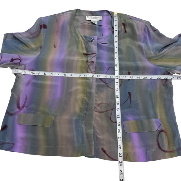 VTG 80s Aliki Yamani Jacket Top Sheer Silk Hidden Buttons Colorful Shoulder Pad - Picture 7 of 12
